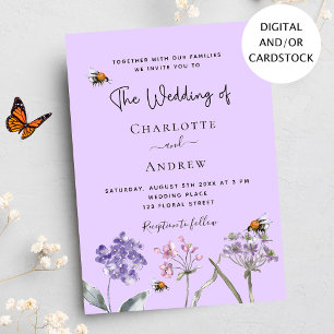 Wedding wildflowers lavender pink bee invitation