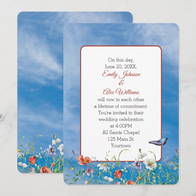 Wedding Wildflowers On Summer Sky Invitation (Front/Back)