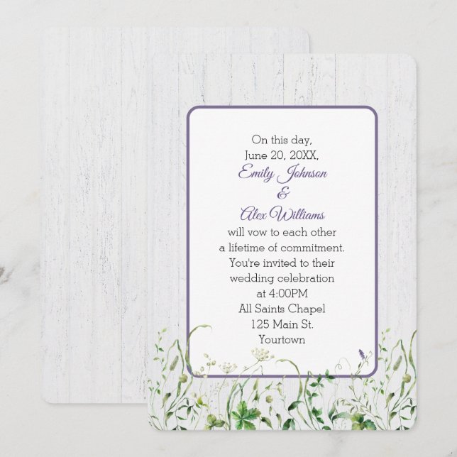 Wedding Wildflowers On Whitewashed Wood Invitation (Front/Back)