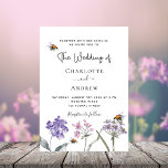 Wedding wildflowers violet pink bee luxury invitation<br><div class="desc">A white background. Decorated with bees and painted wildflowers in violet and pink.  Personalise and add your names and the details.</div>