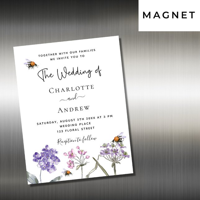 Wedding wildflowers violet pink bee luxury magnetic invitation (Creator Uploaded)