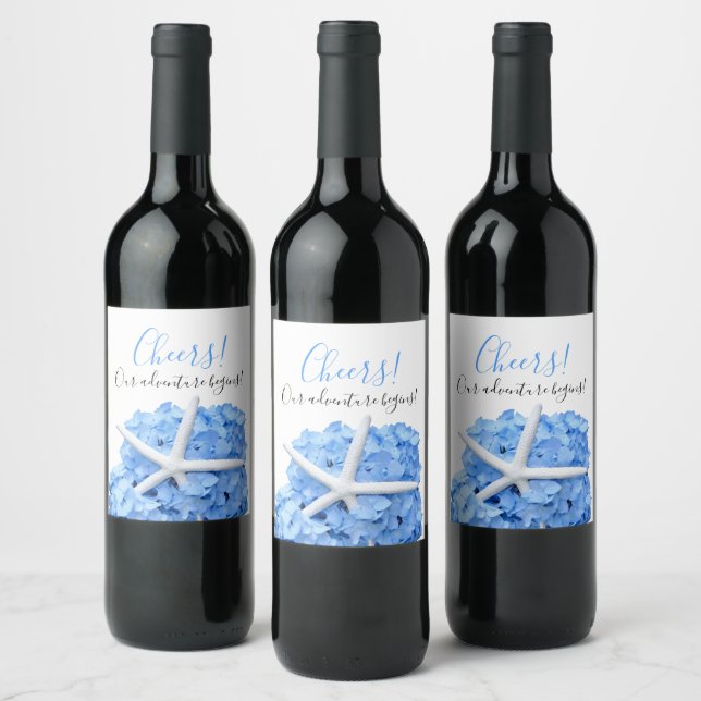 Wedding Wine Blue Hydrangea Starfish Cheers Labels (Bottles)