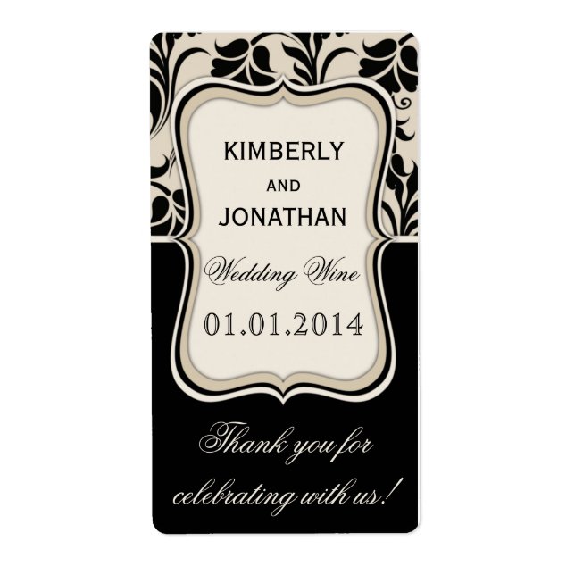 Wedding wine bottle label Elegant beige and black (Front)