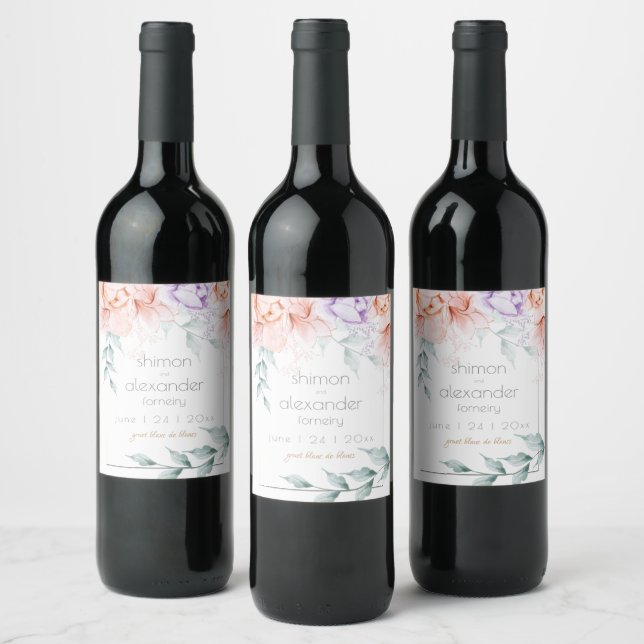 Wedding Wine |  Coral Lilac Aquarelle Floral Wine Label (Bottles)