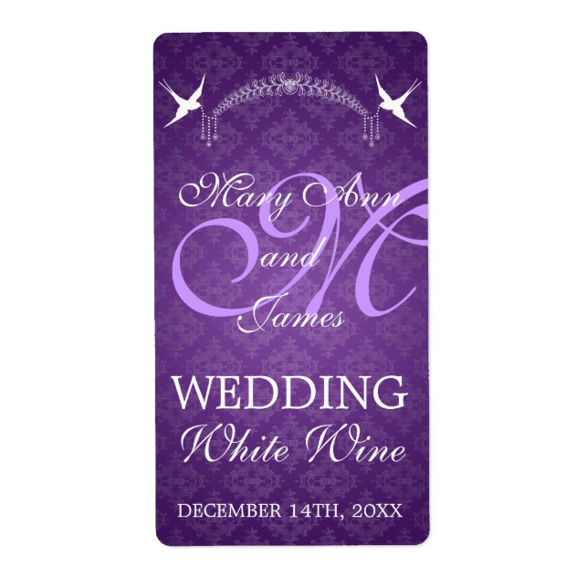 Wedding Wine Label Birds Monogram Purple (Front)