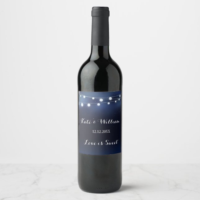 wedding wine label navy string of lights (Front)
