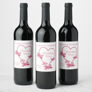 Wedding Wine Label Pink Heart And Butterflies