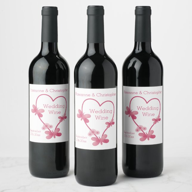 Wedding Wine Label Pink Heart And Butterflies (Bottles)