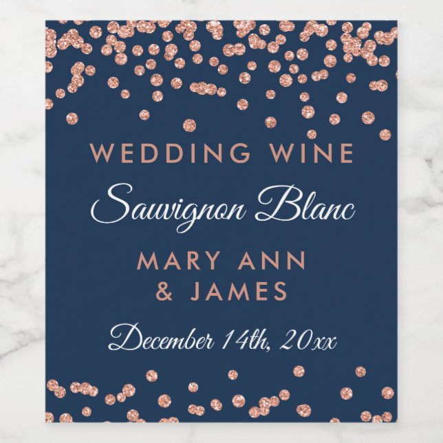 Wedding Wine Label Rose Gold Glitter Confetti Navy (Single Label)