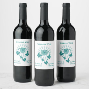 Wedding Wine Label Teal Butterflies Heart
