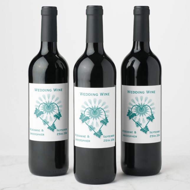 Wedding Wine Label Teal Butterflies Heart (Bottles)