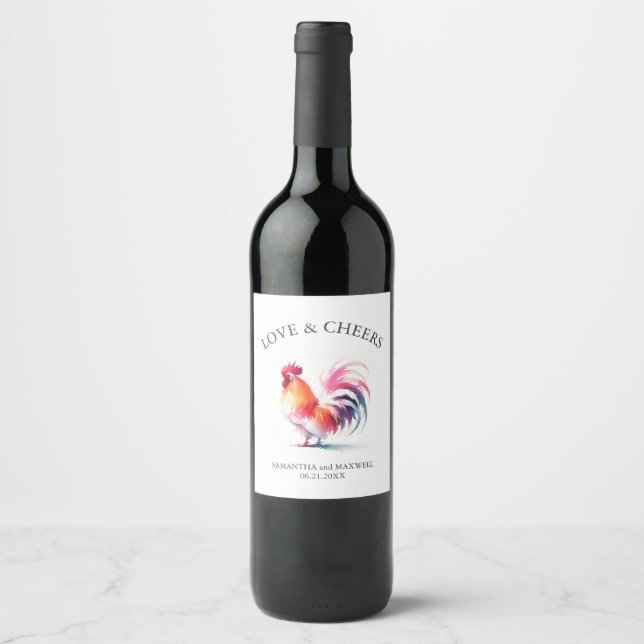 Wedding Wine Label Watercolor Rooster (Front)