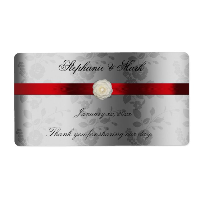 Wedding Wine Label with Red Ribbon on Silver (Front)