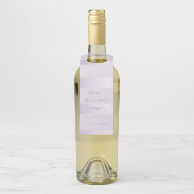 Wedding Wine | Lilac Shimmer Stripes Monogram Bottle Tag (On Bottle)