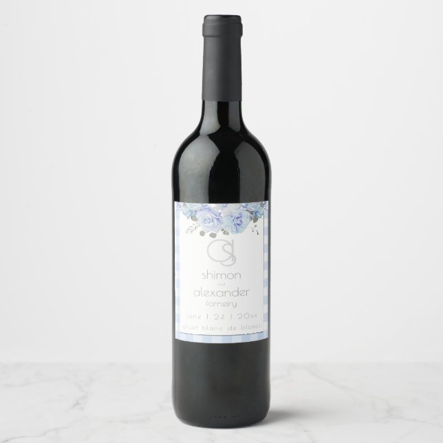 Wedding Wine | Monogram Blue Gingham Floral Label (Front)