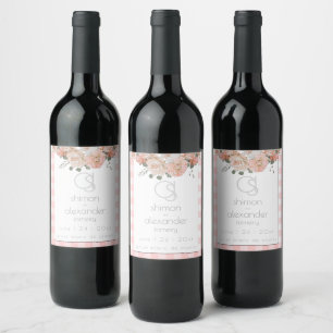 Wedding Wine   Monogram Coral Gingham Floral Label