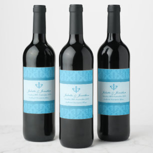 Wedding wine personalised label fleur de lis blue