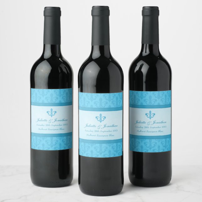 Wedding wine personalised label fleur de lis blue (Bottles)