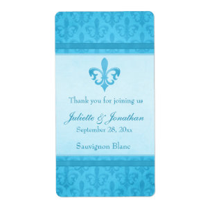 Wedding wine personalised label fleur de lis blue