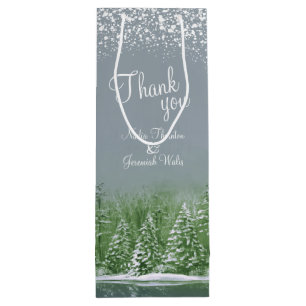 Wedding winter pine trees green grey art thank you wine gift bag