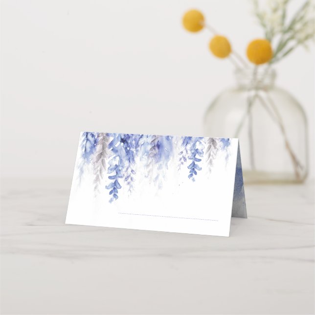 Wedding winter vine cascade blue grey place card (Back)