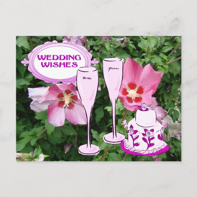 Wedding wishes, champagne and wedding cake postcard (Front)
