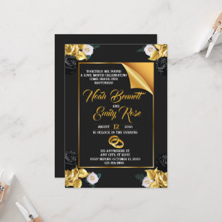 Wedding with roses and golden rings invitation