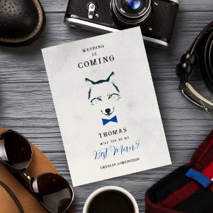 Wedding Wolf Best Man Grey Shades Blue Bow Tie Invitation