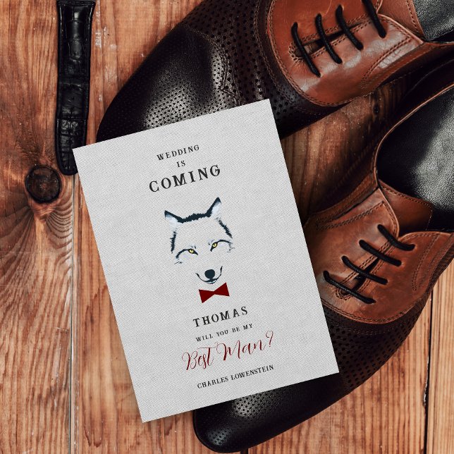Wedding Wolf Best Man Grey Shades Red Bow Tie  (Grey Shades Best Man Proposal Card with Red Bow Tie Featuring Wedding Wolf Design.)