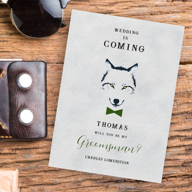 Wedding Wolf Groomsman Grey Shades Green Bow (Grey Shades Groosman Proposal Card with Green Bow Tie Featuring Wedding Wolf Design.)