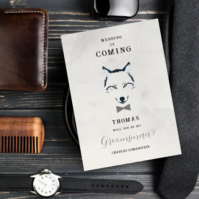 Wedding Wolf Groomsman Grey Shades Grey Bow Tie (Grey Shades Groomsman Proposal Card with Grey Bow Tie Featuring Wedding Wolf Design.)