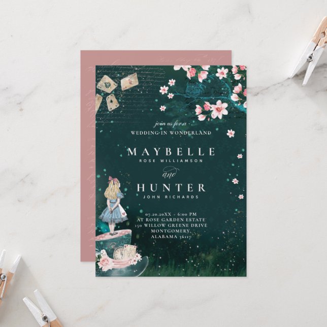 Wedding Wonderland Vintage Alice In Wonderland Invitation (Front/Back In Situ)