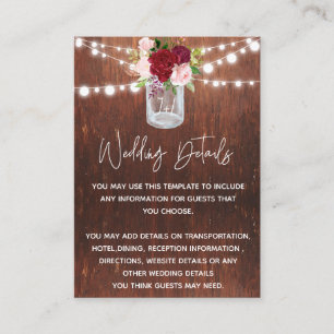 Wedding Wood Mason Jar Burgundy Details Budget Business Card