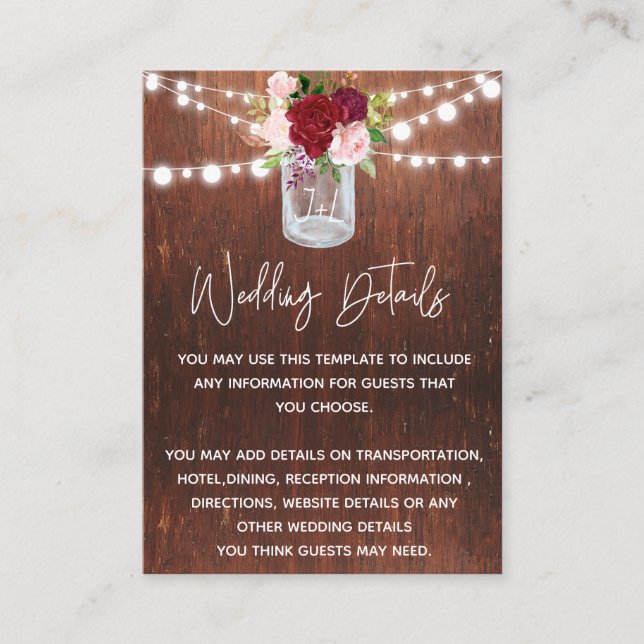 Wedding Wood Mason Jar Burgundy Details Budget Business Card (Front)
