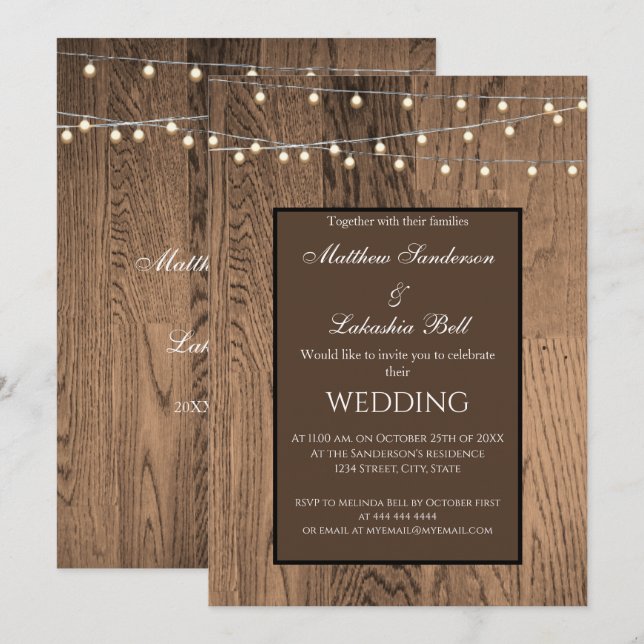 Wedding Wood Rustic Fairy Lights Invitation (Front/Back)