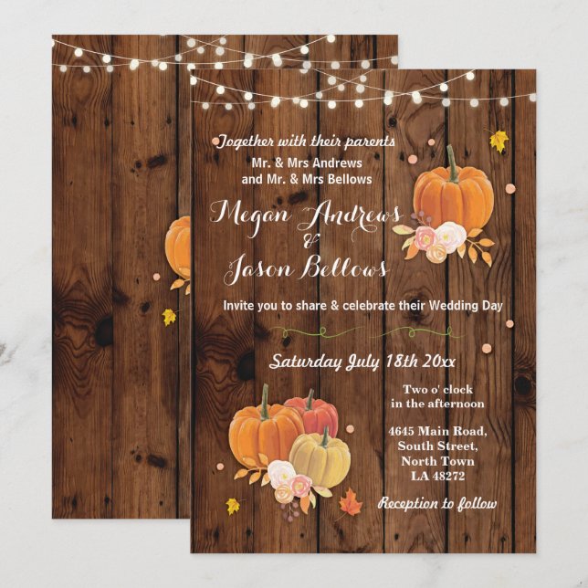 Wedding Wood Rustic Pumpkin Fall Autumn Invite (Front/Back)