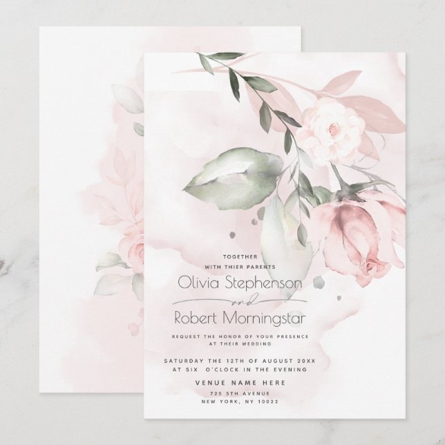 Wedding | Woodland Blush Pink Rose Invitation (Front/Back)