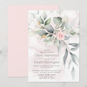 Wedding Woodland Greenery Boho Pink Rose Invitation