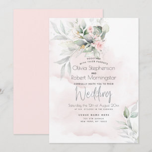 Wedding Woodland Greenery Pale Pink Rose Invitation