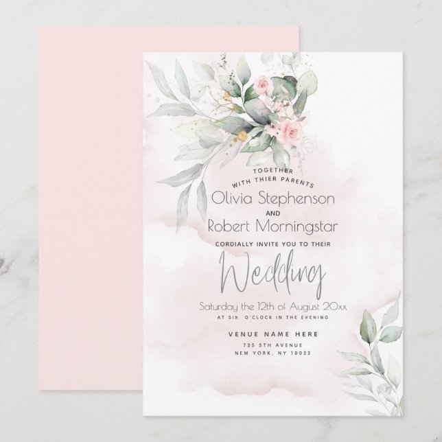 Wedding | Woodland Greenery Pale Pink Rose Invitation (Front/Back)