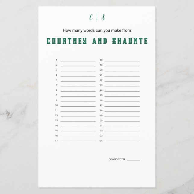 "Wedding" Word Maker Game (Front)