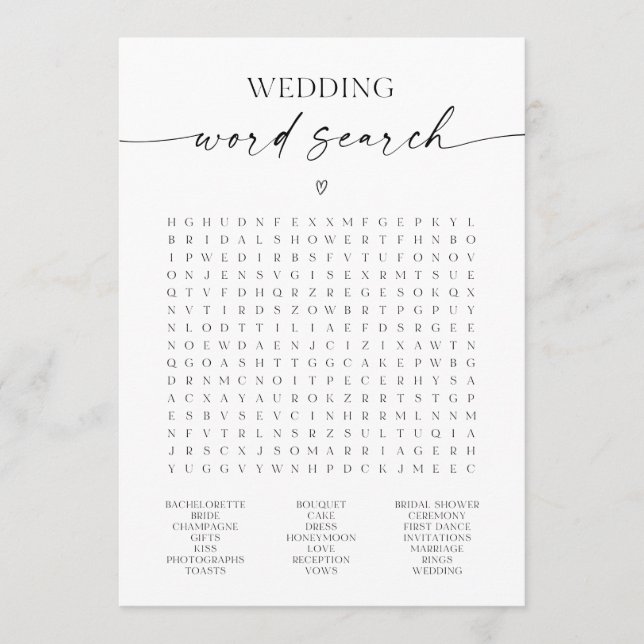 Wedding Word Search Bridal Shower Game Programme (Front)
