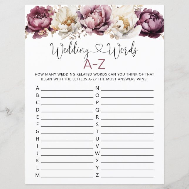 Wedding Words A-Z Bridal Shower Game Sheet (Front)