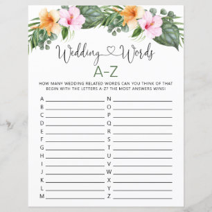Wedding Words A-Z Bridal Shower Game Sheet