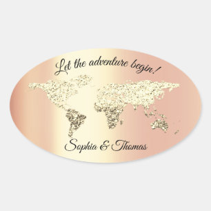 Wedding World Map Destination Golden Earth Coral Oval Sticker
