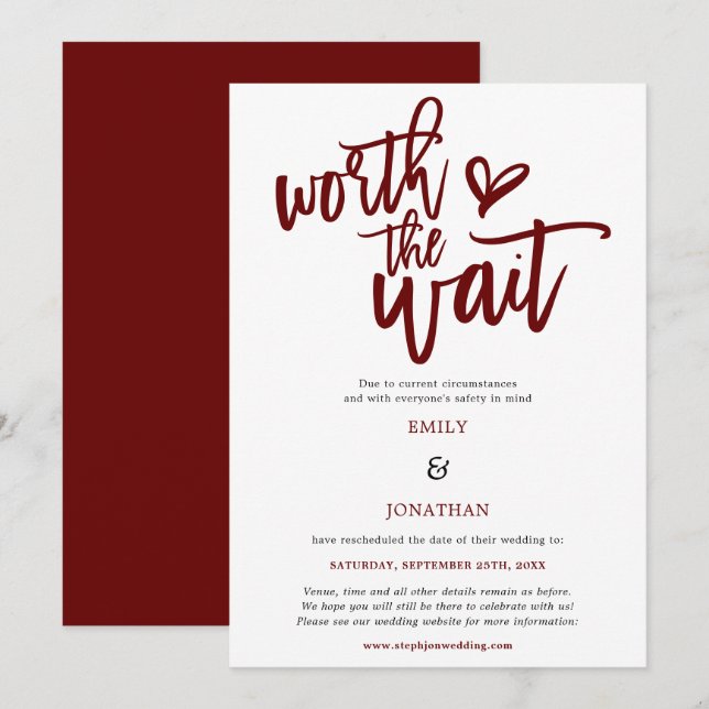 Wedding Worth the Wait Script Burgundy Save The Date (Front/Back)