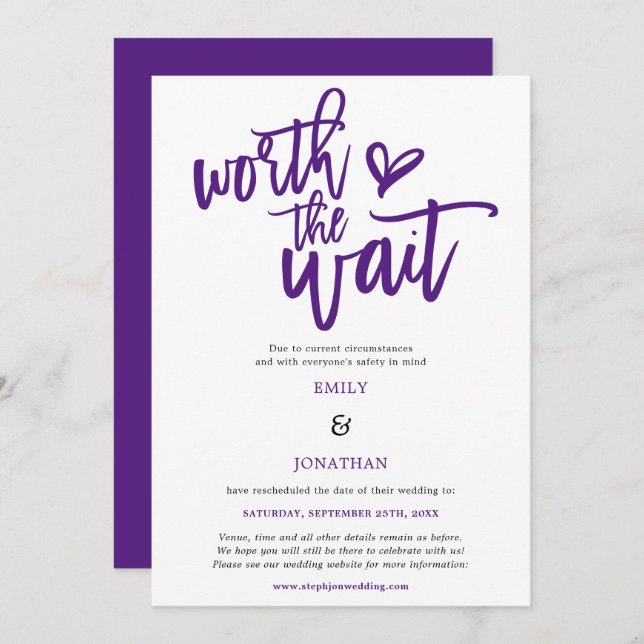 Wedding Worth the Wait Script Purple Save The Date (Front/Back)