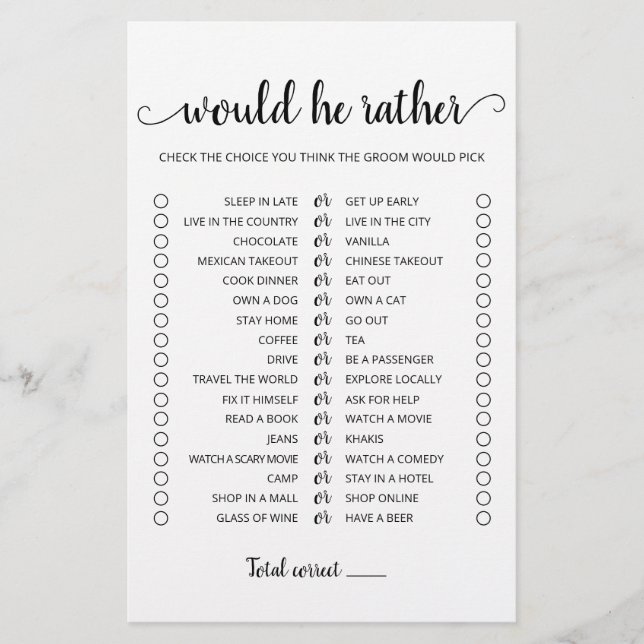 Wedding Would He Rather editable game (Front)