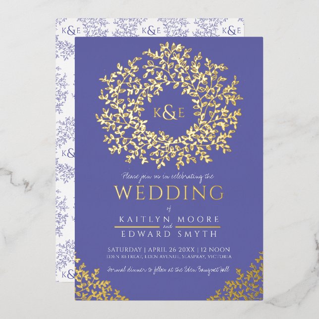 wedding wreath leaves foil invitation (Front/Back)