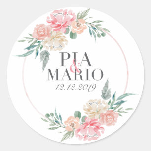 Wedding Wreath Logo with couple name and date Classic Round Sticker